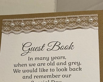Wedding Guest Book Sign - Rustic Collection - Hessian, Lace & Pearls - With or Without Easel Stand