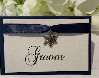 Wedding Place Cards Personalised with your Guest Names - Snowflake Charm - Backed with Navy Card
