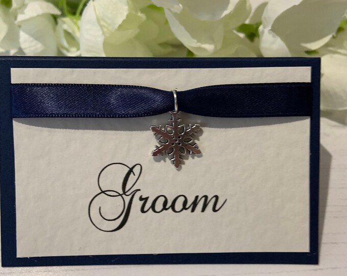 Wedding Place Cards Personalised with your Guest Names - Snowflake Charm - Backed with Navy Card
