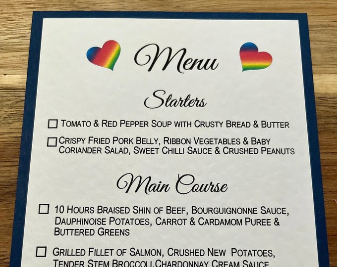 Menu Choice Cards - Inserts for Wedding/Engagement/Celebration/Party -  Pride Hearts with Navy Backing Card