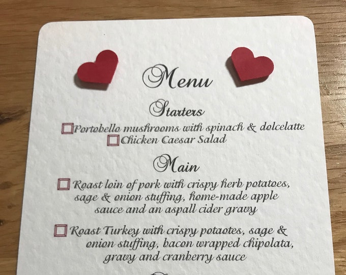 Menu Choice Cards - Inserts for Wedding Invites -  Romantic Collection - Burgundy Hearts