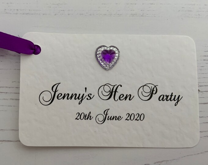 Pack of 10 Hen Party Tags- Personalised - Heart Embellishment with Matching Ribbon - Lots of colours available