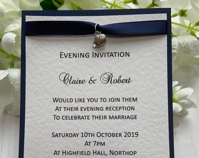 Evening Wedding Invitations - A6 Postcard Style - Blue Ribbon with Silver Pumpkin Charm - Halloween/Autumn Wedding
