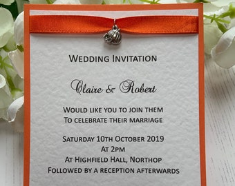 Wedding Invitations - A6 Postcard Style - Orange Ribbon with Silver Pumpkin Charm - Halloween;/Autumn Wedding