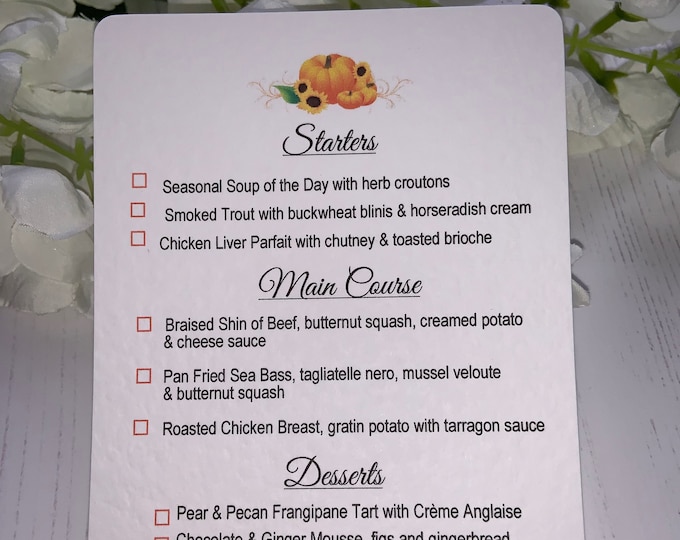 Menu Choice Cards - Inserts for Wedding Invites -  Pumpkin & Sunflower Designs