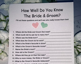 Pack of 10 How Well Do You Know the Bride & Groom Cards/Game