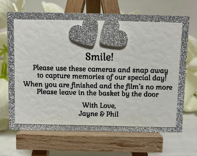 Personalised Wedding Disposable Camera Poem Cards with Silver Glitter Hearts