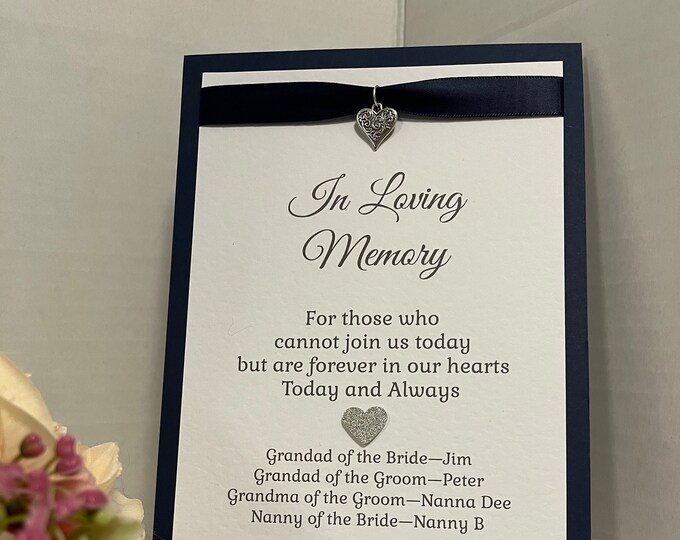 In Loving Memory Wedding Sign - Silver Coloured Heart Charm  - With or Without Easel Stand