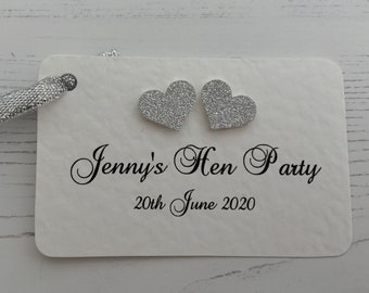 Hen Party Tags- Personalised - Glitter Hearts & Matching Ribbon