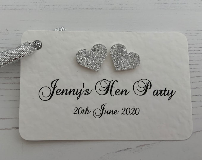 Hen Party Tags- Personalised - Glitter Hearts & Matching Ribbon