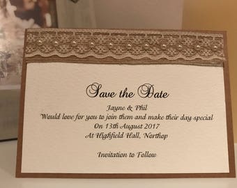 Save The Date Wedding Cards - Rustic Burlap Hessian with Vintage Lace & Pearls - The Rustic Collection