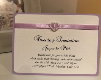 10 Wedding Invites - Ribbon and Pearl Heart Slider - Romance Range - Personalised with Envelopes - Many Colours Available