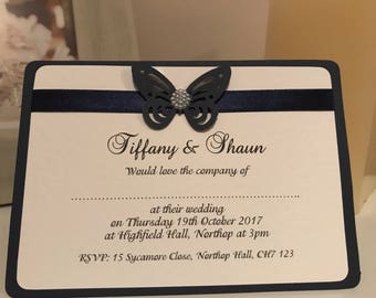 Wedding Invitations - A6 Postcard Style - Navy Butterfly with Ribbon - The Butterfly Collection