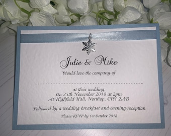 Wedding Invitations - A6 Postcard Style - Blue & White  - Blue Ribbon with Silver Snowflake - Winter
