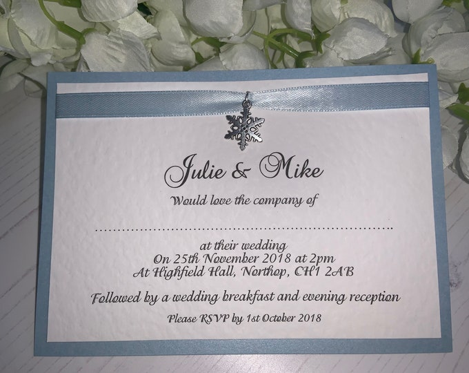 Wedding Invitations - A6 Postcard Style - Blue & White  - Blue Ribbon with Silver Snowflake - Winter