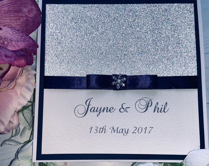 Wedding Invites - The Sparkly Collection - Silver Sparkly Card with Navy Card & Matching Ribbon with Snowflake Embellishment