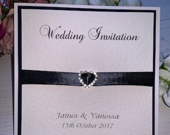 Wedding Invites - Ribbon with Silver Diamante Heart Slider - Folded Card with Envelope - Navy