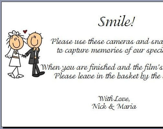 Wedding Disposable Camera Poem Cards for your Guests Tables
