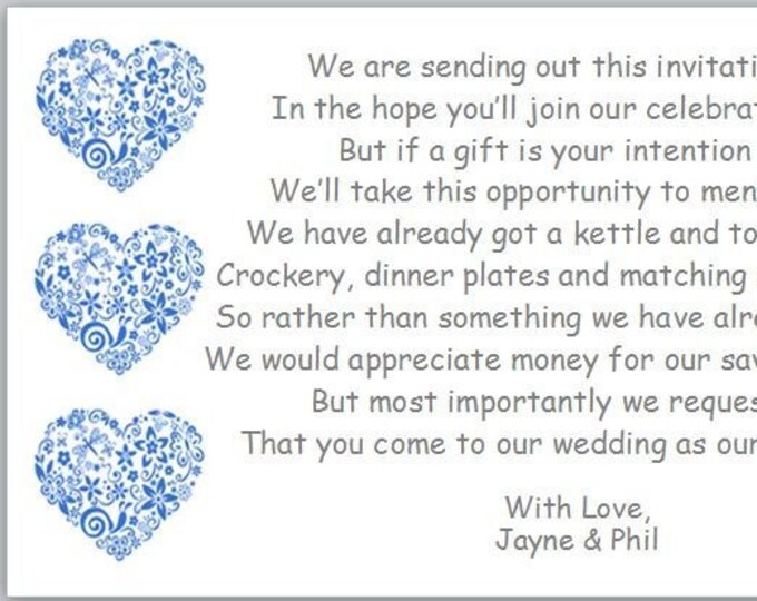 Pack of 20 Wedding Poem Cards - Heart Design - Requesting Cash Toward Savings Pot instead of gift list - To Accompany Invites