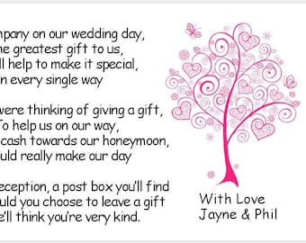 Wedding Poem Cards - Pink Love Heart Tree Design - Requesting Cash Toward Honeymoon instead of gift list - To Accompany Invites