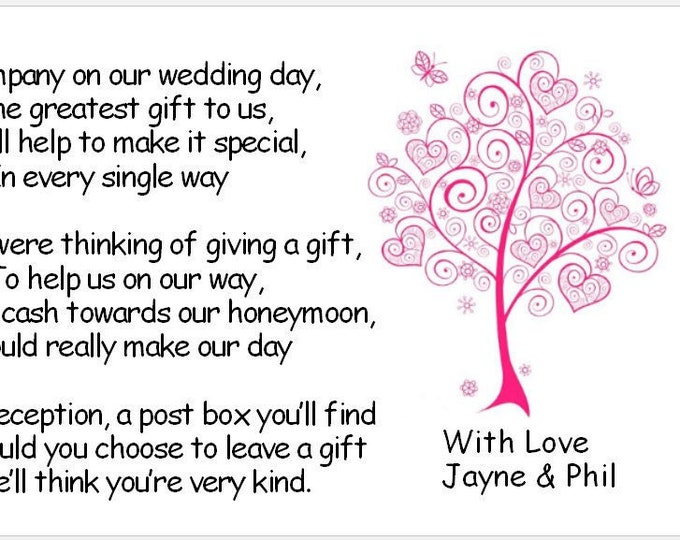 Wedding Poem Cards - Pink Love Heart Tree Design - Requesting Cash Toward Honeymoon instead of gift list - To Accompany Invites
