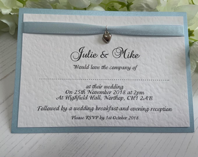 Wedding Invitations - A6 Postcard Style - Blue & White  - Blue Ribbon with Silver Heart Charm