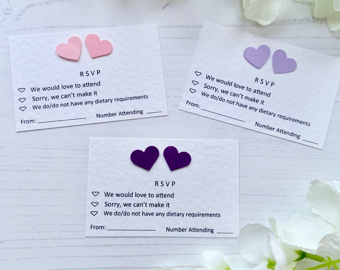 RSVP Cards - Hearts Design - With or Without Envelopes - To Accompany Invites