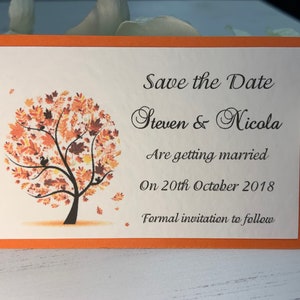 Cartes de mariage Save the Date - Arbre d'automne - Carte de support orange - Compatible avec portefeuille/sac à main