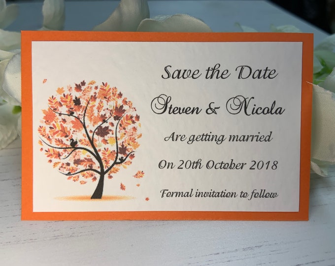 Save the Date Wedding Cards - Autumn Tree - Orange Backing Card - Fits Wallet/Purse