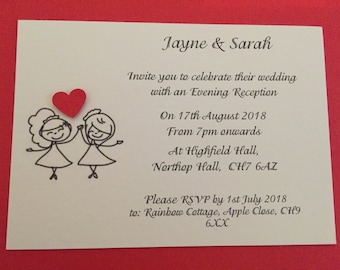 Wedding Invitations - Two Ladies with Red Heart Design - Many colours available