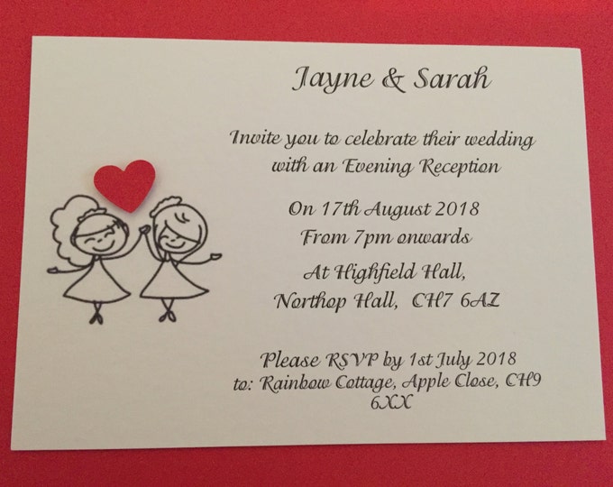 Wedding Invitations - Two Ladies with Red Heart Design - Many colours available