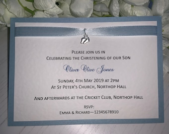 Christening/Naming Ceremony Invites - Boy - Baby Feet Charm - Flat Postcard Style - Handmade