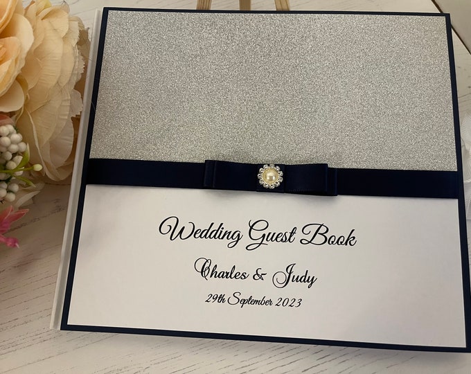 Wedding Guest Book - Personalised - Sparkly Collection - Navy & Silver