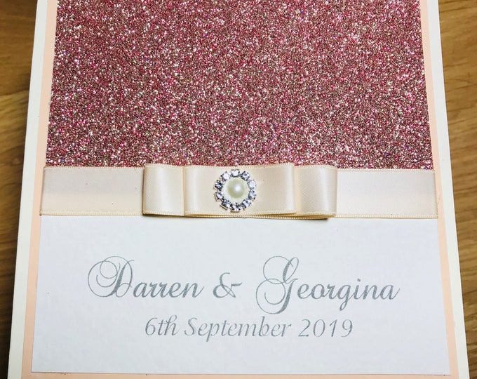 Wedding Invites - The Sparkly Collection - Rose Gold Sparkly Card with Pink Blush Card & Rose Gold Ribbon with Pearl Diamante Button