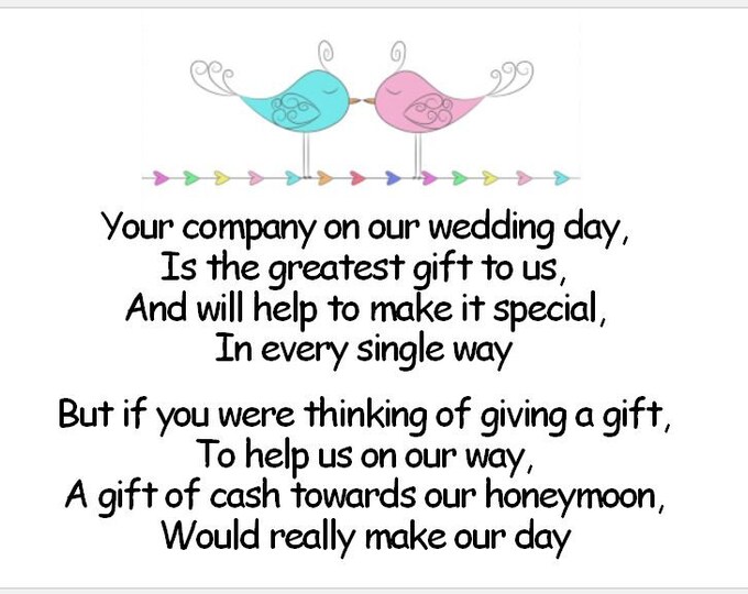 Wedding Poem Cards - 2 Love Birds Design #2 - Requesting Cash Toward Honeymoon instead of gift list - To Accompany Invites