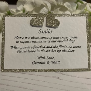 Tarjetas de poemas de cámara desechables para bodas para sus mesas de invitados - Gold Glitter