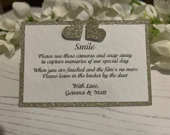 Wedding Disposable Camera Poem Cards for your Guests Tables - Gold Glitter