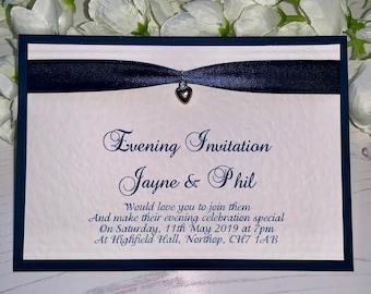 Evening Wedding Invitations - A6 Postcard Style - Navy Blue - Ribbon with Silver Heart Charm