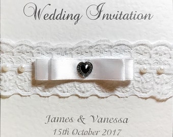 Wedding Invites - The Black & White Collection - Lace, Pearls and Black Heart Embellishment with White Double Bow -  Flat or Folded