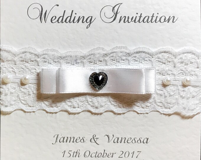 Wedding Invites - The Black & White Collection - Lace, Pearls and Black Heart Embellishment with White Double Bow -  Flat or Folded