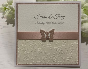 Wedding Invites - The Butterfly Collection - Embossed with Rose Gold Butterfly Embellishment and Matching Ribbon