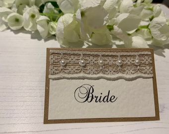 Wedding Place Cards Personalised With Your Guest Names - Rustic Hessian Ribbon with Lace & Pearls- Backed with Kraft Card