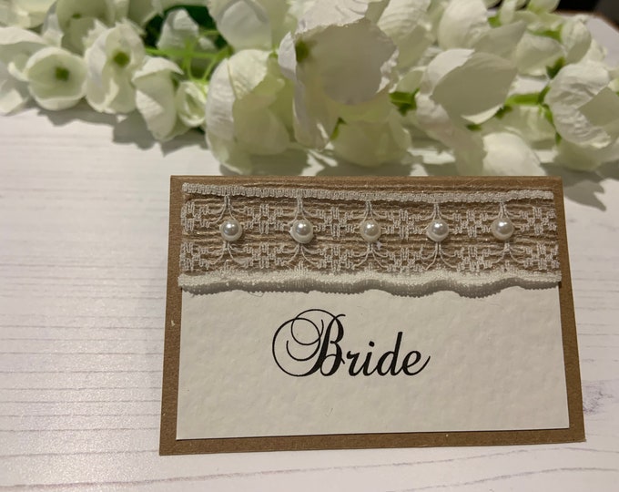 Wedding Place Cards Personalised With Your Guest Names - Rustic Hessian Ribbon with Lace & Pearls- Backed with Kraft Card