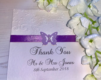 Wedding Thank You Cards - The Butterfly Collection - Embossed with Lilac Butterfly Embellishment and Matching Ribbon
