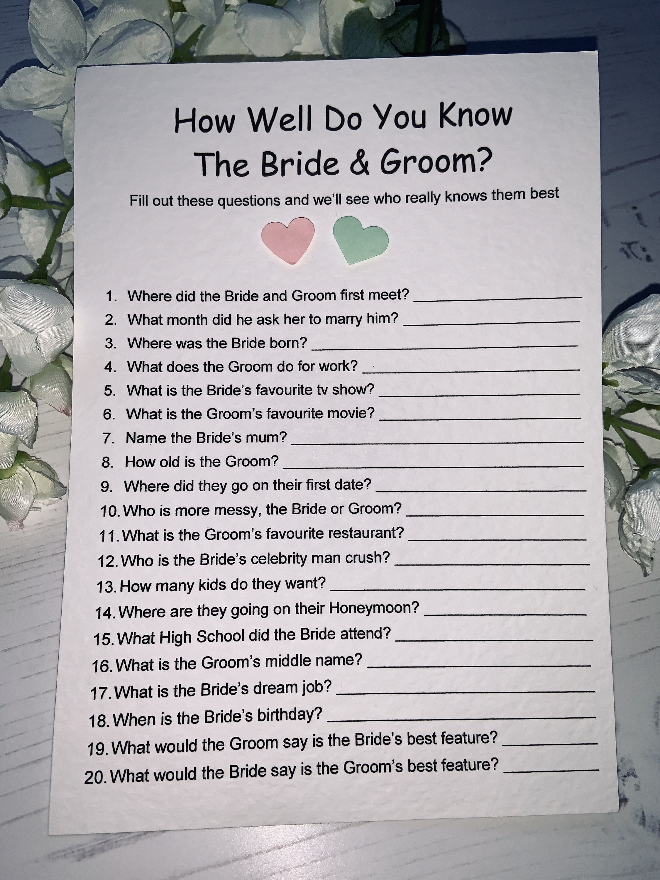 25 Floral How Well Do You Know The Bride Bridal Wedding Shower or  Bachelorette Party Game, Flowers Who Knows The Best, Does The Groom?  Couples Guessing Question Set of Cards Pack, Printed