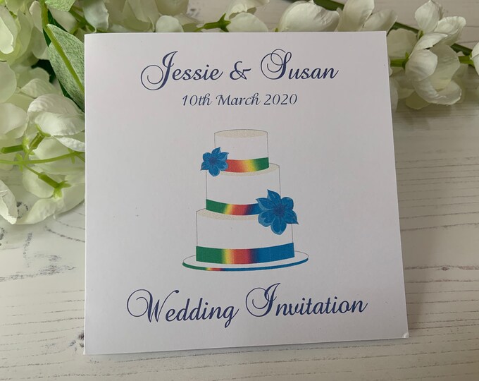 LGBT Wedding Invitations - Square Folded Card - Rainbow Wedding Cake Design (Pack of 10)