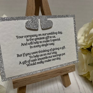 Tarjetas de poemas de boda que solicitan dinero en efectivo para el bote de ahorros - Silver Hearts