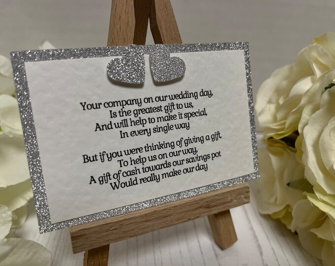 Wedding Poem Cards Requesting Cash Towards Savings Pot - Silver Hearts