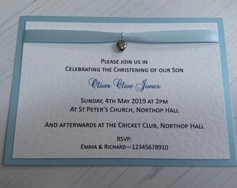 Christening/Naming Ceremony Invites - Boy - Silver Heart Charm - Flat Postcard Style - Handmade