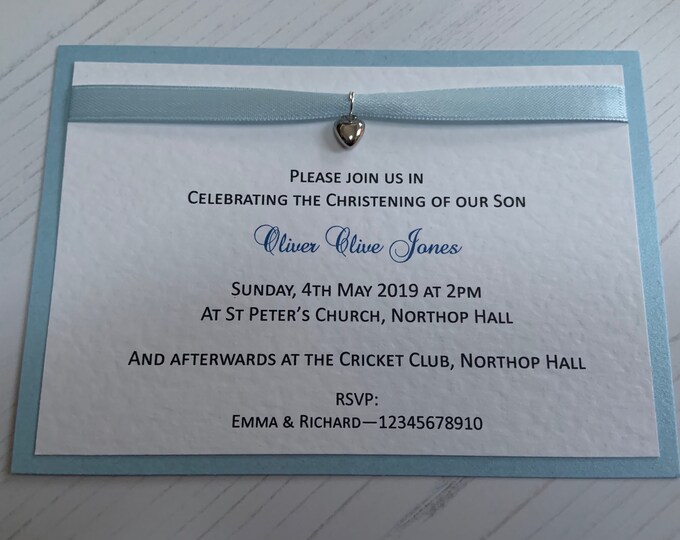 Christening/Naming Ceremony Invites - Boy - Silver Heart Charm - Flat Postcard Style - Handmade